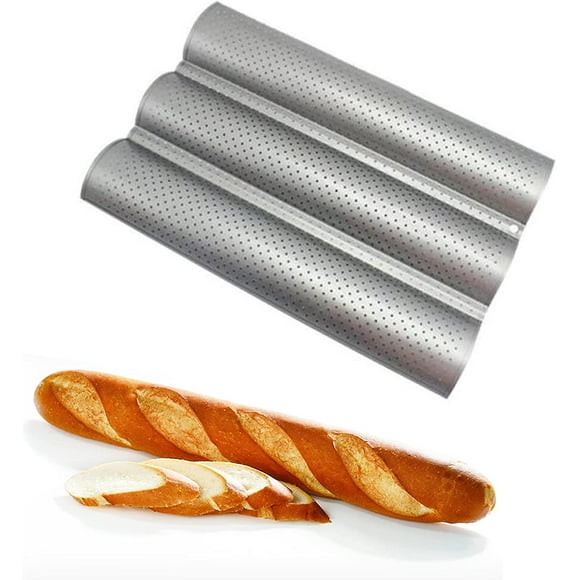 (Gift Of K) Non-Stick Carbon Steel French Bread Baguette Pan, 3 Perforated Loaves, Baking Tray for Pastry, Baguette, Baking Pan, DIY Bread Pan (1