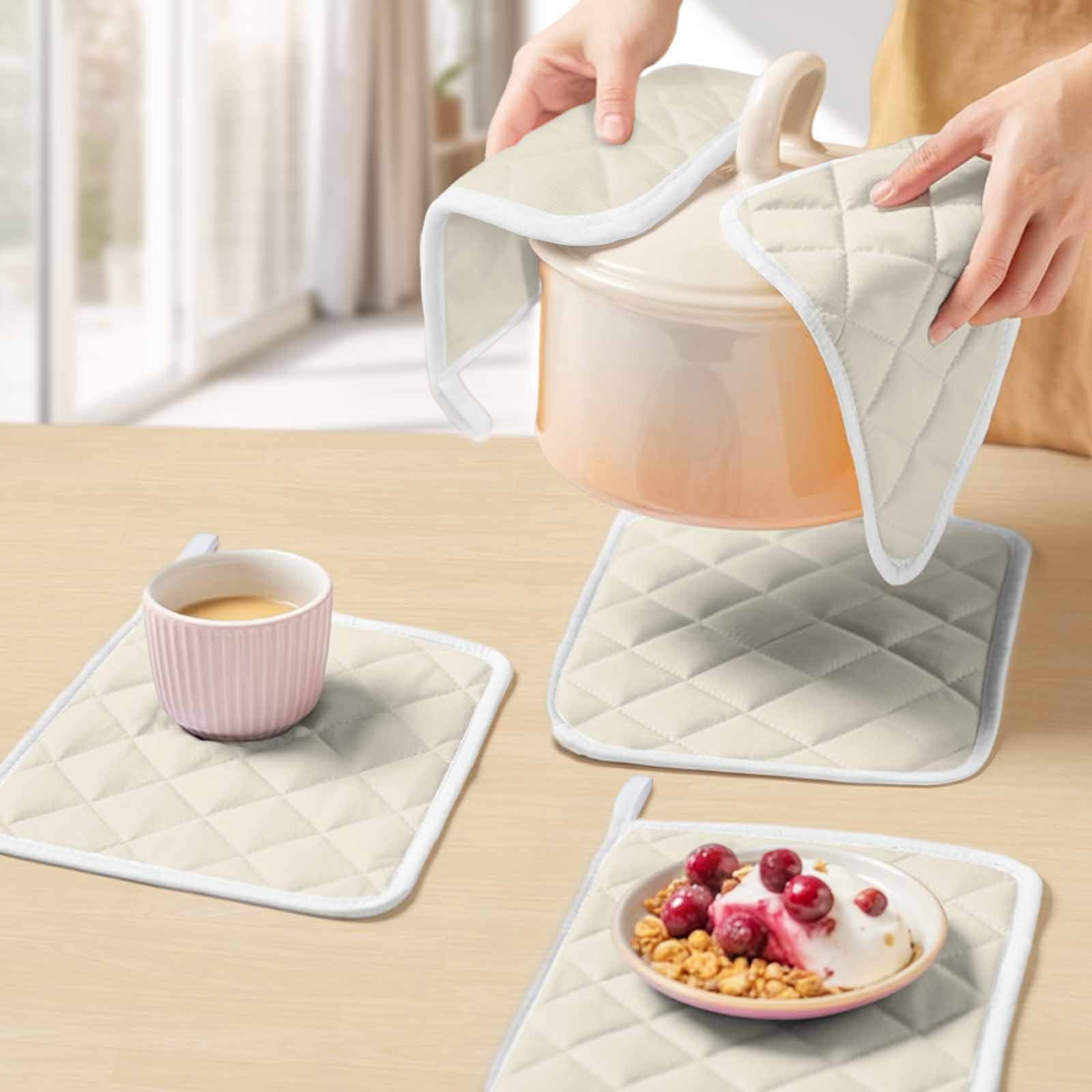 Cream Pot Holders for Kitchen Heatproof Potholder, 5 Pack Modern Pure Beige Hot Pads Multipurpose Oven Pads Cloth Potholders Trivet for Cooking Baking