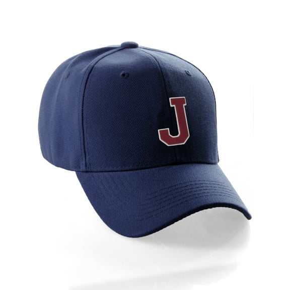 Classic Baseball Hat Custom A to Z Initial Team Letter, Navy Cap White Red Letter J