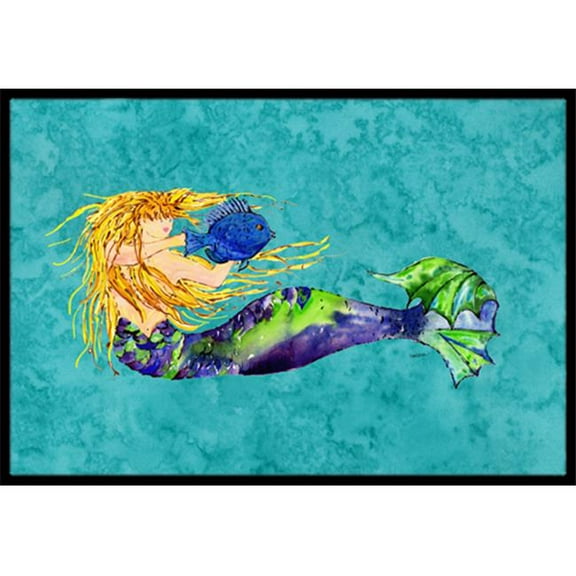 Blonde Mermaid On Teal Indoor & Outdoor Mat, 18 x 27 in.
