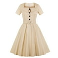 thumbnail image 1 of LOVZFMLL Women's Short Sleeve Neck Solid Color High Waist Belt Button Makings Dress Beige 2XL, 1 of 8