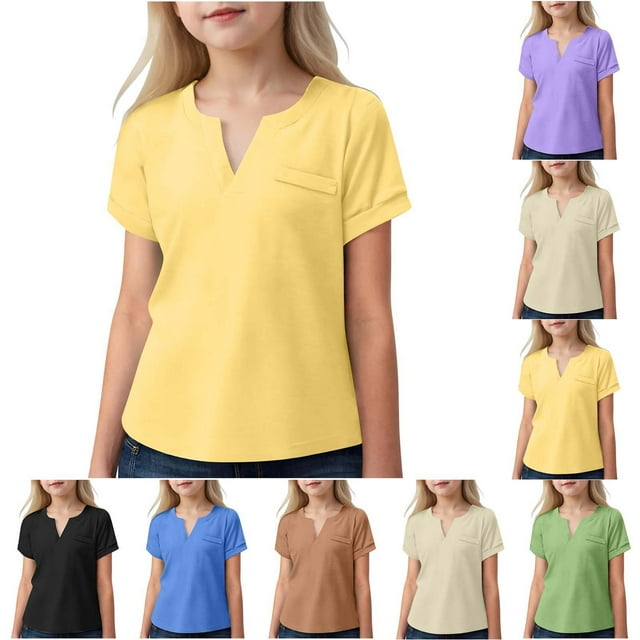 MKOSPLRT T-Shirts d'Été pour Filles 3-14 Ans Manches Courtes Col en V Couleur Unie Coupe Ample Coton Doux Rentrée des Classes