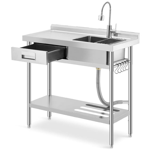 Eastvita Space-Saving Solution 39 Inch Stainless Steel Freestanding Sink with Drawer/Faucet - Built-In Drain Basket/Dish Rack for Laundry or Garage
