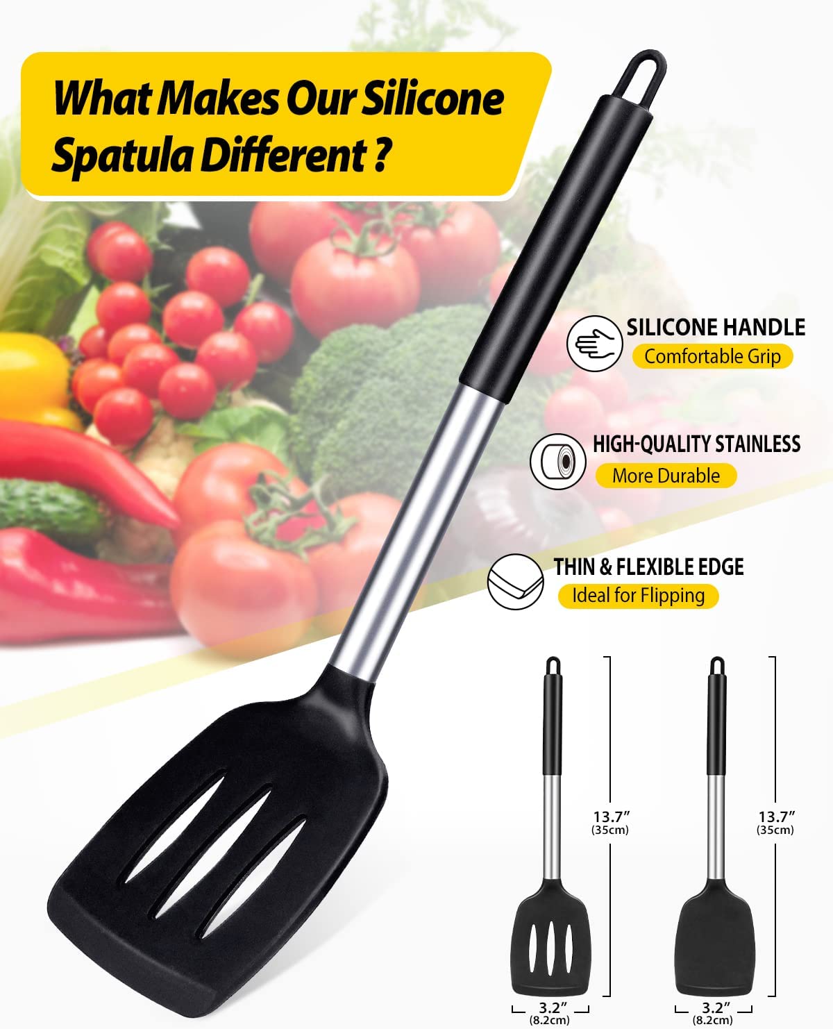 Bundlepro 2-Pack Silicone Spatulas, Slotted and Solid Turner Set photo 3