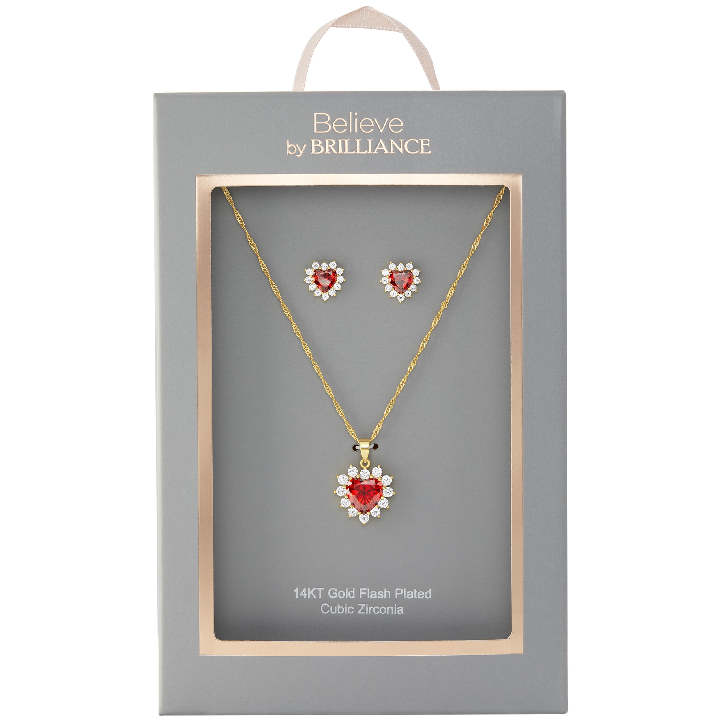 Believe By Brilliance Women's Flash Gold Plated Red Heart CZ Earring and Pendant Set