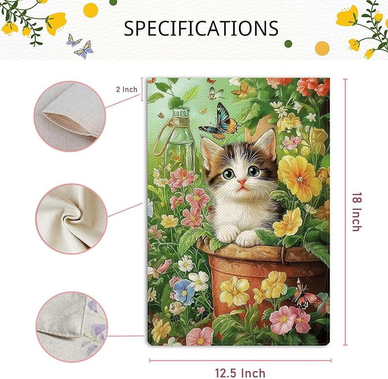 Spring Cute Cat Garden Flag Spring Summer Butterfly Floral Flowers Garden Flag Vertical Double Sided Rustic Farmland Burlap Yard Lawn Outdoor Decor