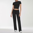 thumbnail image 2 of Conjunto de 2 piezas para mujer: top corto de manga corta y pantalones rectos, estilo deportivo informal, tallas reales para primavera/verano, 2 of 6