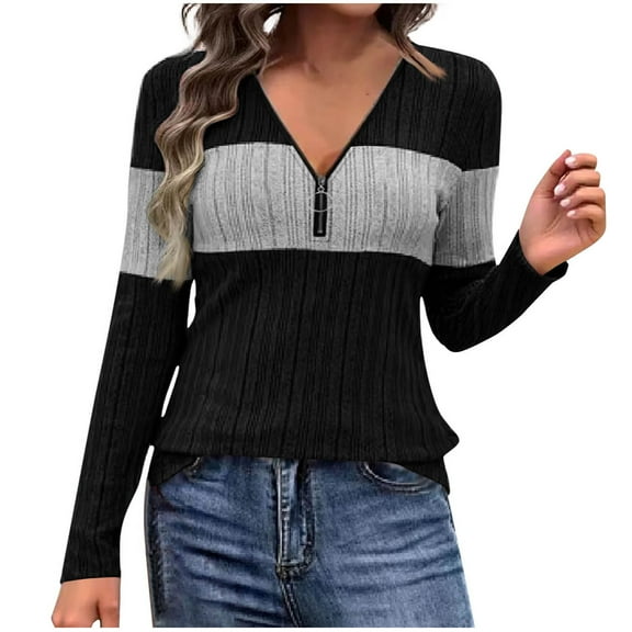 RYRJJ Fall Quarter Zip Pullover Sweaters for Women Long Sleeve V-Neck Ribbed Knit Tops Striped Color Block Slim Fitted Shirts(Black,L)