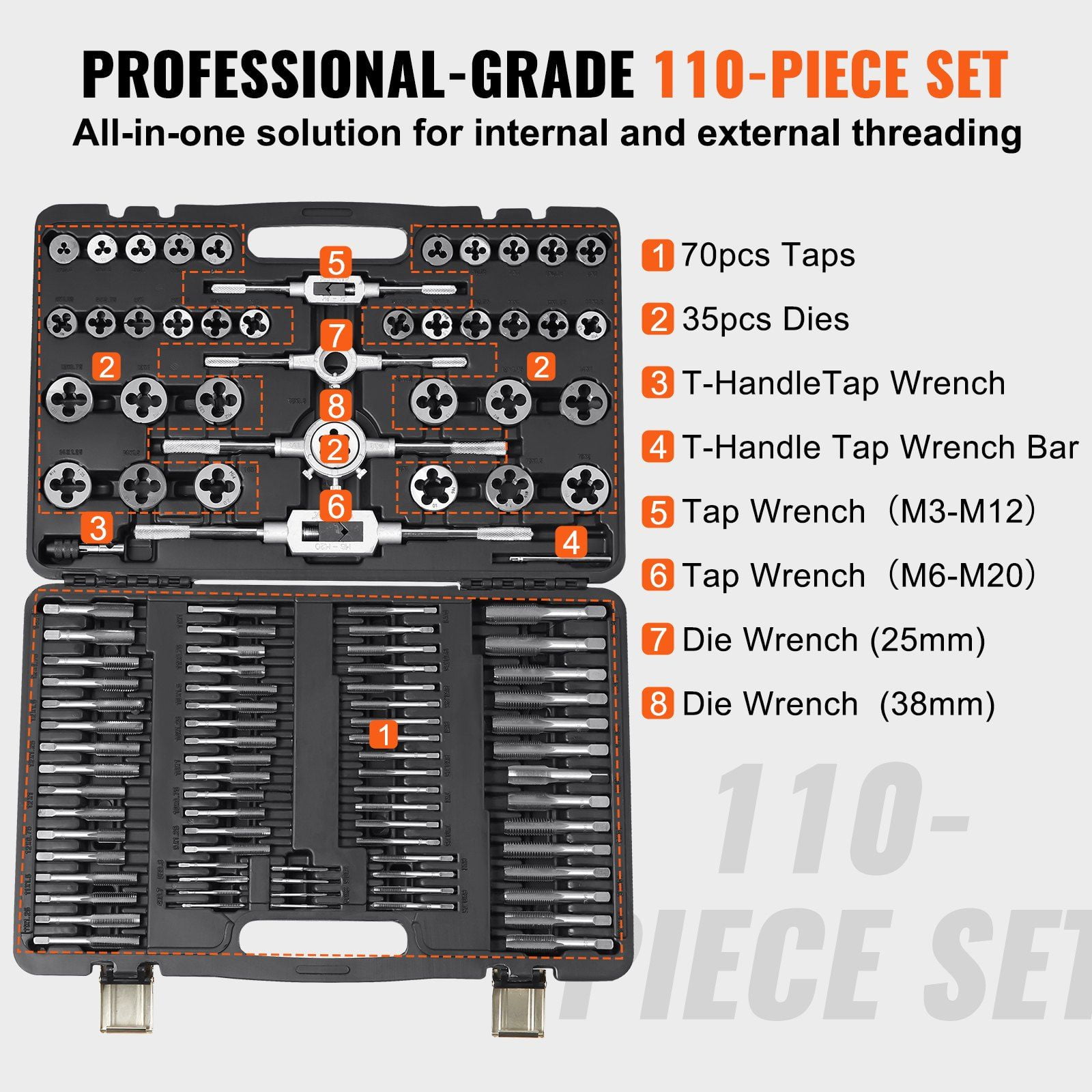 Complete 110-Piece Tap and Die Set for Metric Threading, M2 to M18, Durable Bearing Steel Construction, Cuts Internal and External Threads, with Storage Case and Accessories