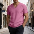 thumbnail image 2 of VBVC Men's V Neck Cotton Linen Short Sleeve T-Shirt , Summer Lightweight Breathable Daily Tops For Men,Pink,M-3XL, 2 of 9
