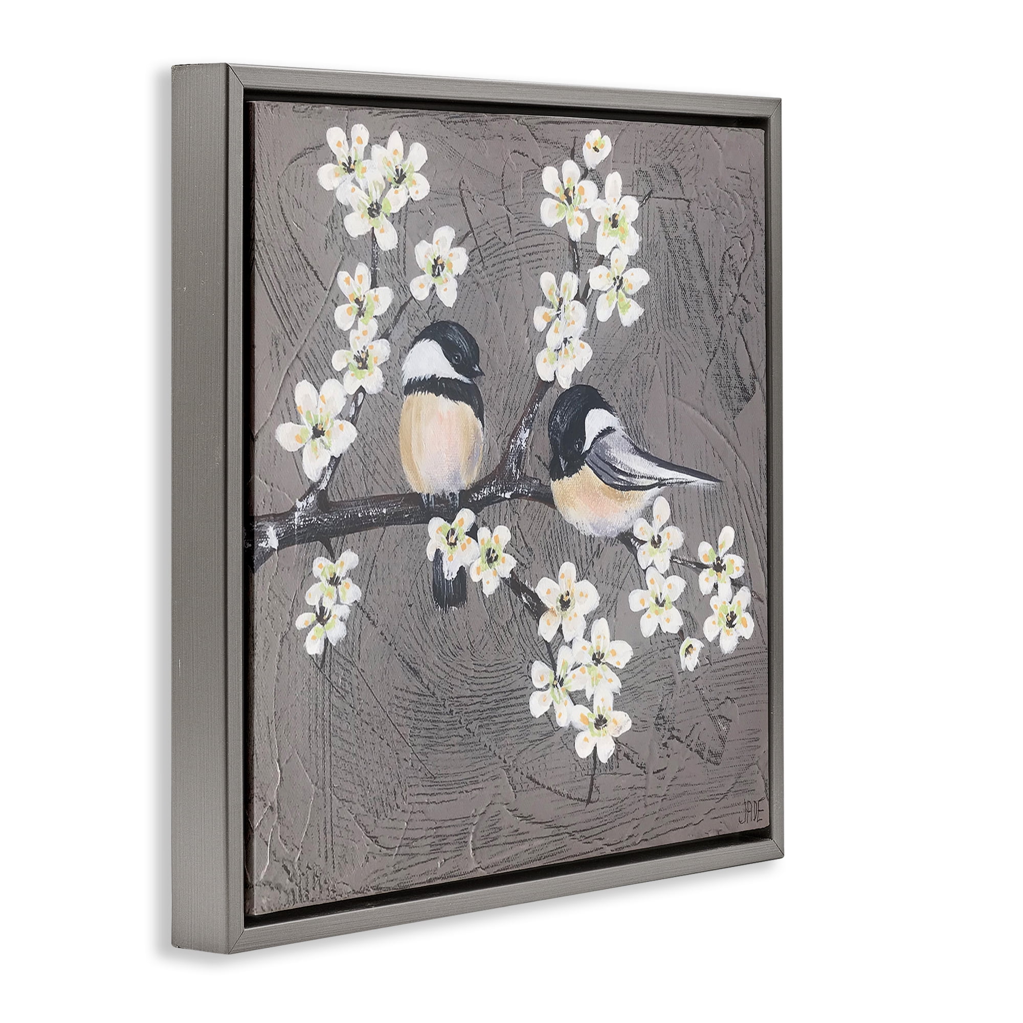 Stupell Industries Bird Pair on Branch Animals & Insects Painting Gray Floater Framed Canvas Art Print Wall Art, 25 x 25