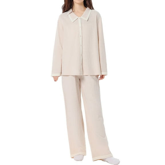 XuJwPNcy Women's 2 Piece Pajama Sets Long Sleeve Collared V Neck Button down Shirt with Wide Leg Pant Matching Pj Sets