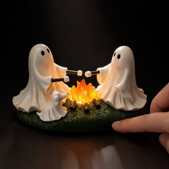 Lighted Halloween Ghost Figurine, Resin Ghost Roasting Marshmallows with Ghost Dog & Warm LED Glow, Spooky Cute Tabletop Ornament for Mantel Shelf Entryway & Party Decor, Seasonal Display Accent