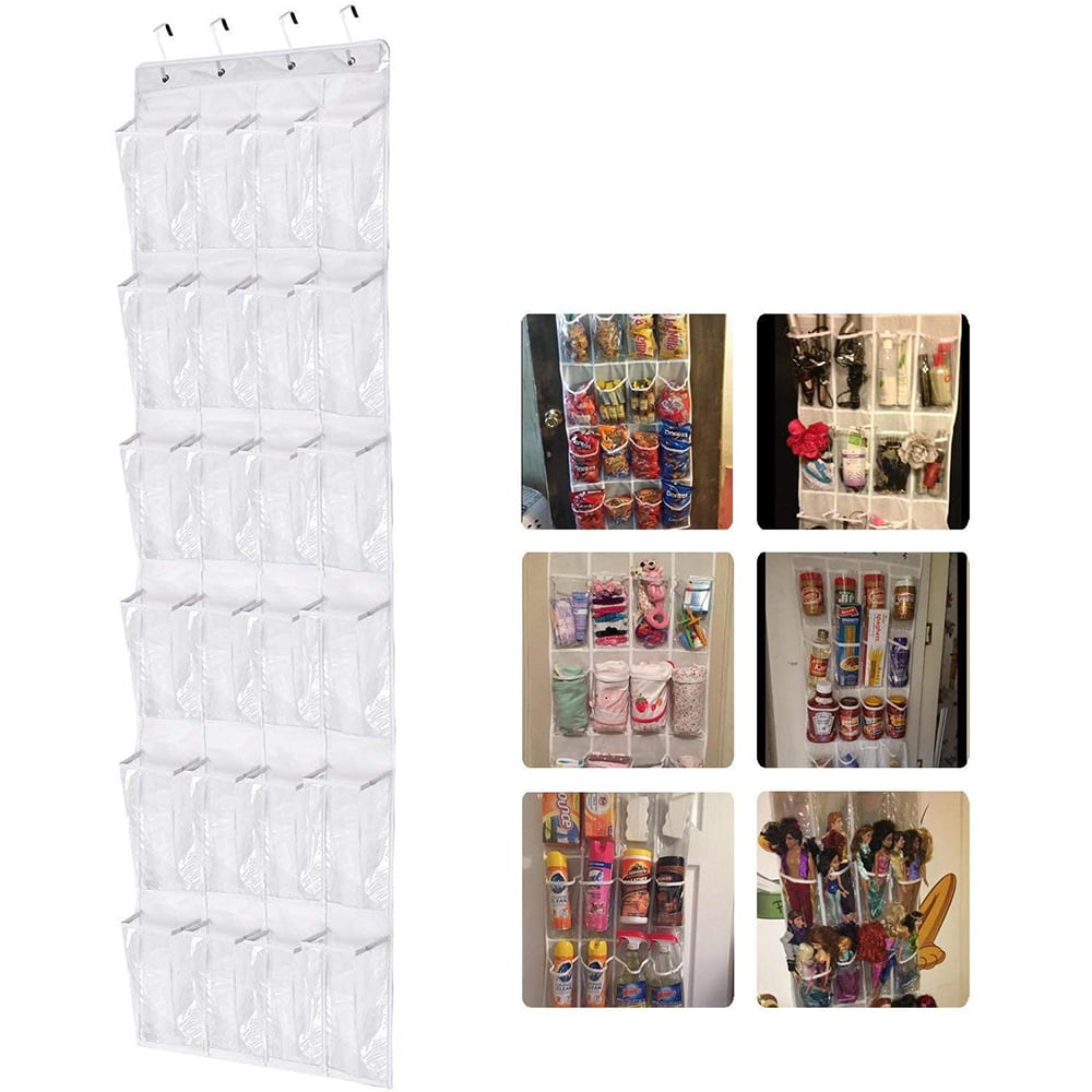 24 Pockets Over Door Shoe Organizer Foldable Transparent Hanging Shoe Storage bag with Hook Mesh Pockets Shoe Hanger for Kitchen Bedroom White