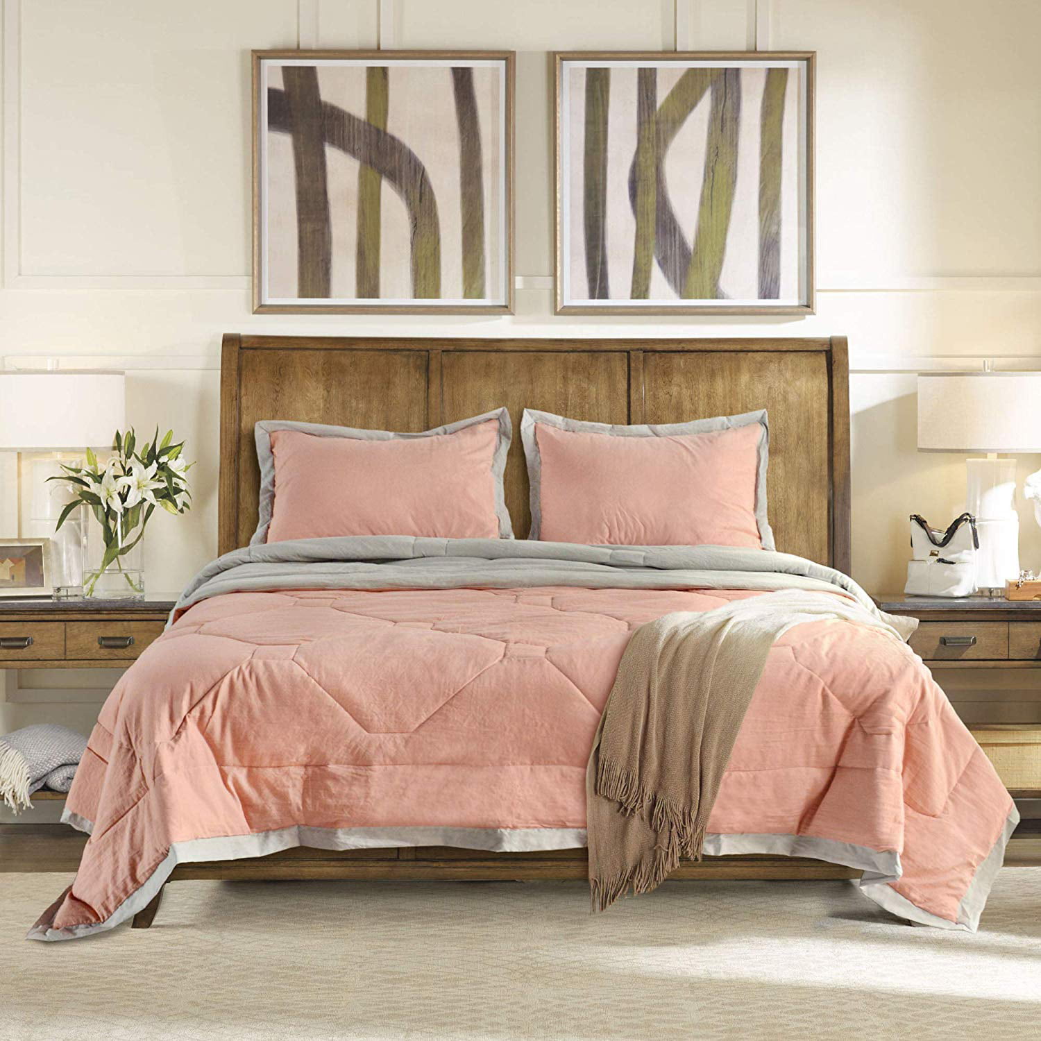 Kasentex Hotel Reversible Quilted Comforter Set 2-tone Grey Border Design 