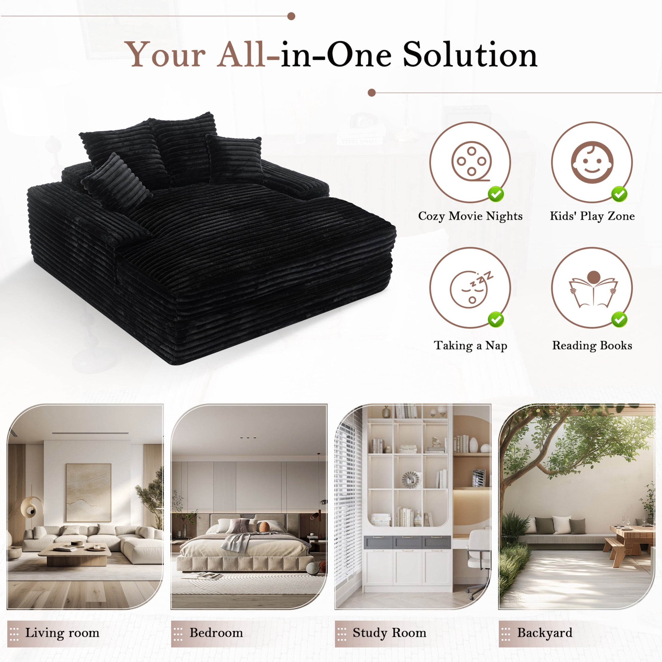 Noble House Heliox 68" Oversized Chaise Lounge Chair, Plush Corduroy Sleeper Sofa Bed with Removable Pillows, Black