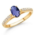 thumbnail image 2 of Gem Stone King 10K Yellow Gold Blue Iolite and White Lab Grown Diamond Engagement Ring for Women (0.83 Cttw, Oval Checkerboard 7X5MM, Gemstone Birthstone, Size 6), 2 of 4