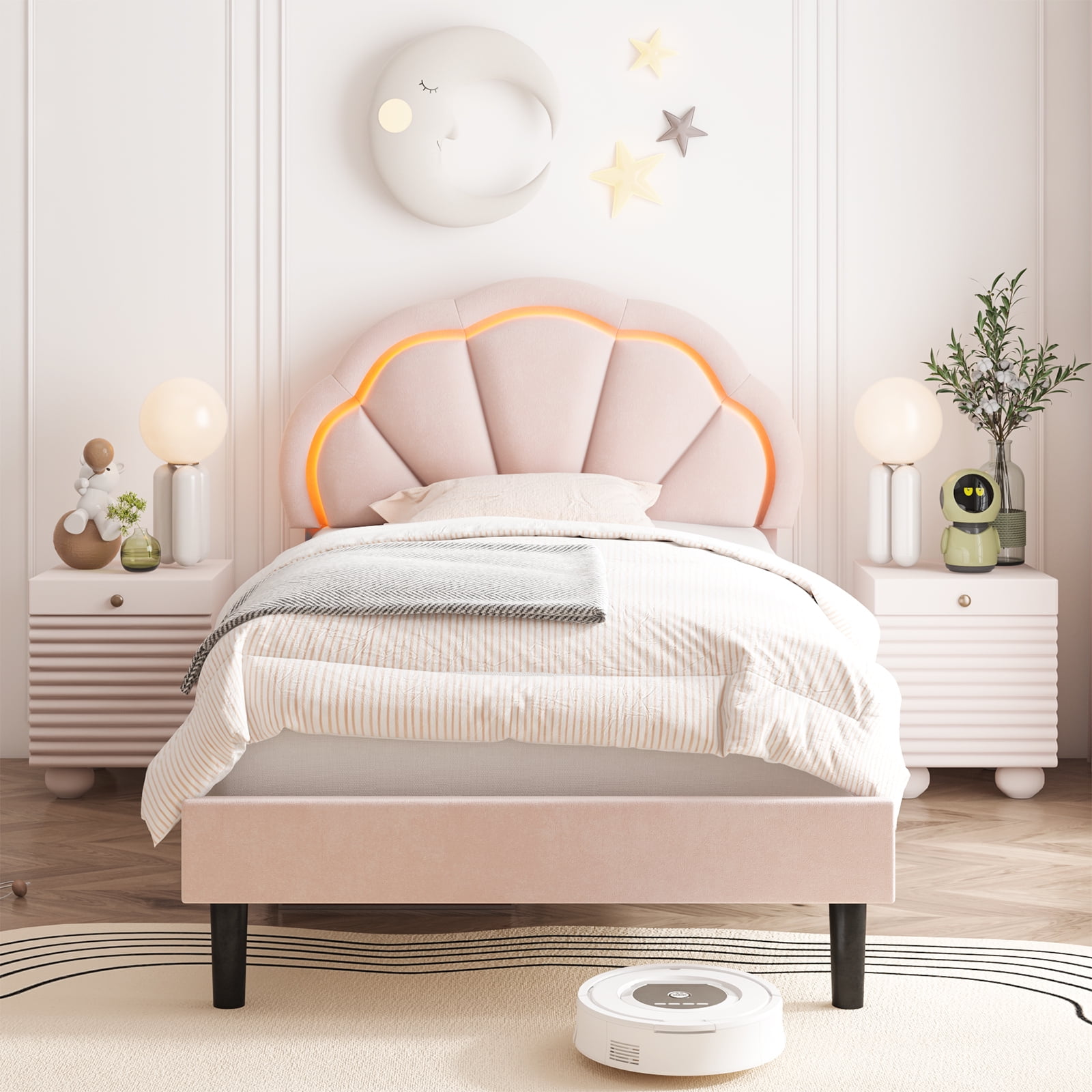 Homfa LED Bed Frame, Twin Size Velvet Upholstered Platform Bed with Adjustable Headboard, Lights Seashell Bed, Pink