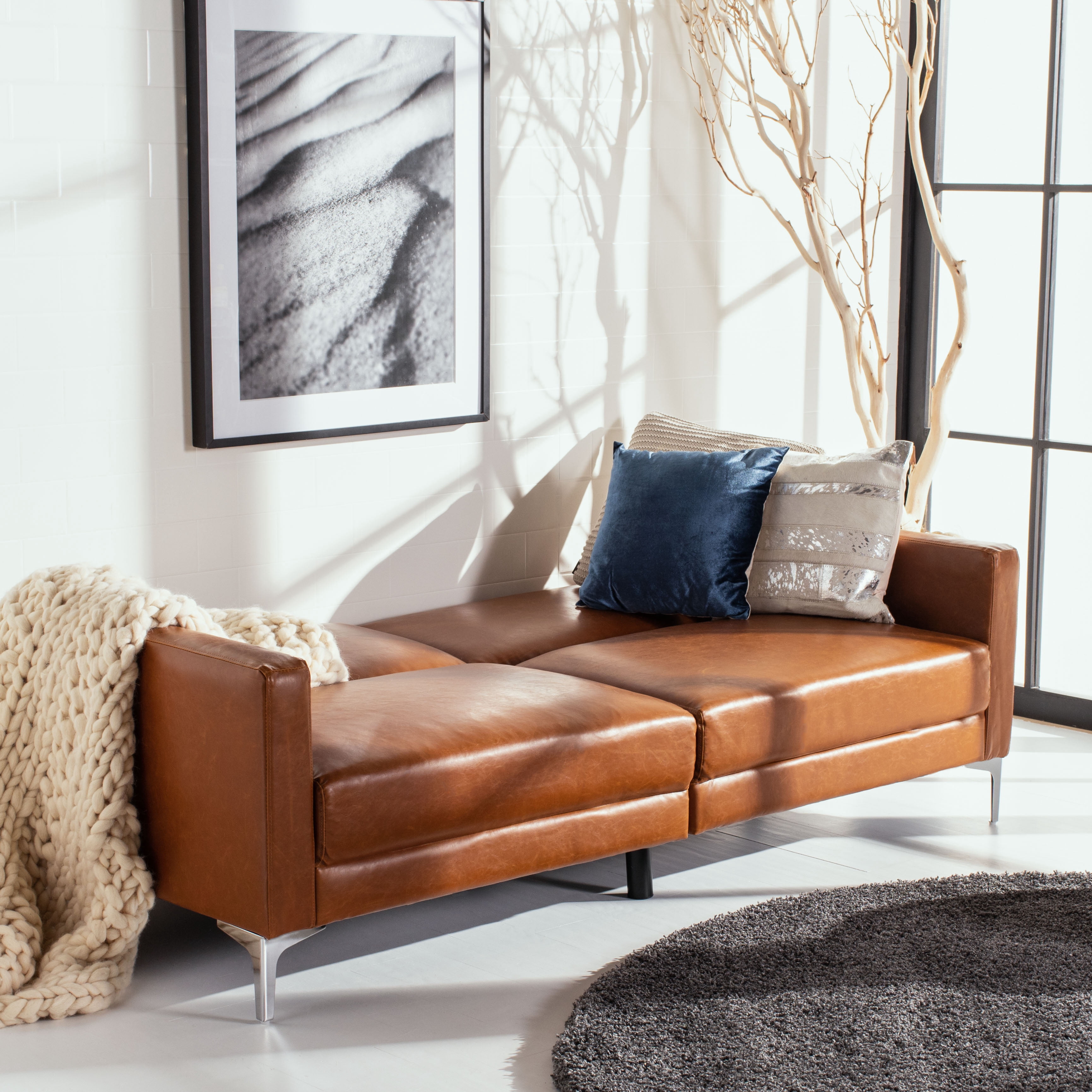 SAFAVIEH Chelsea Tansitional Foldable Futon Bed, Cognac/Chrome