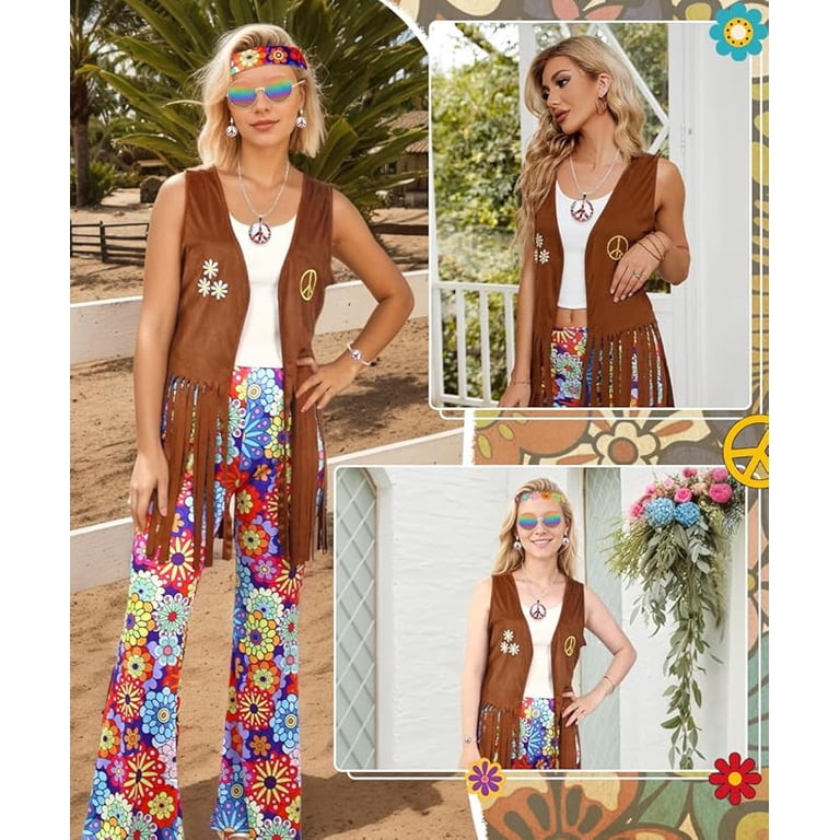 70s Fancy Dress Women,Hippie Costume with Fringe Vest Flared Pants,1970s Retro Hippie Outfit for Carnival Cosplay, M