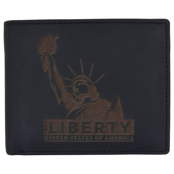 Mens RFID Blocking Cowhide Leather Bifold Wallet Statue of Liberty Logo