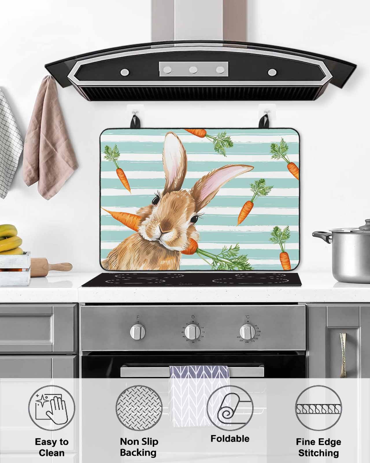 Large Induction Cooktop Protector Mat Easter Bunny Stove Top Covers for Electric Stove, Spring Rabbits Carrots Turquoise Stripes Decorative Stove Burner Cover Mats, Glass Top Stove Cover