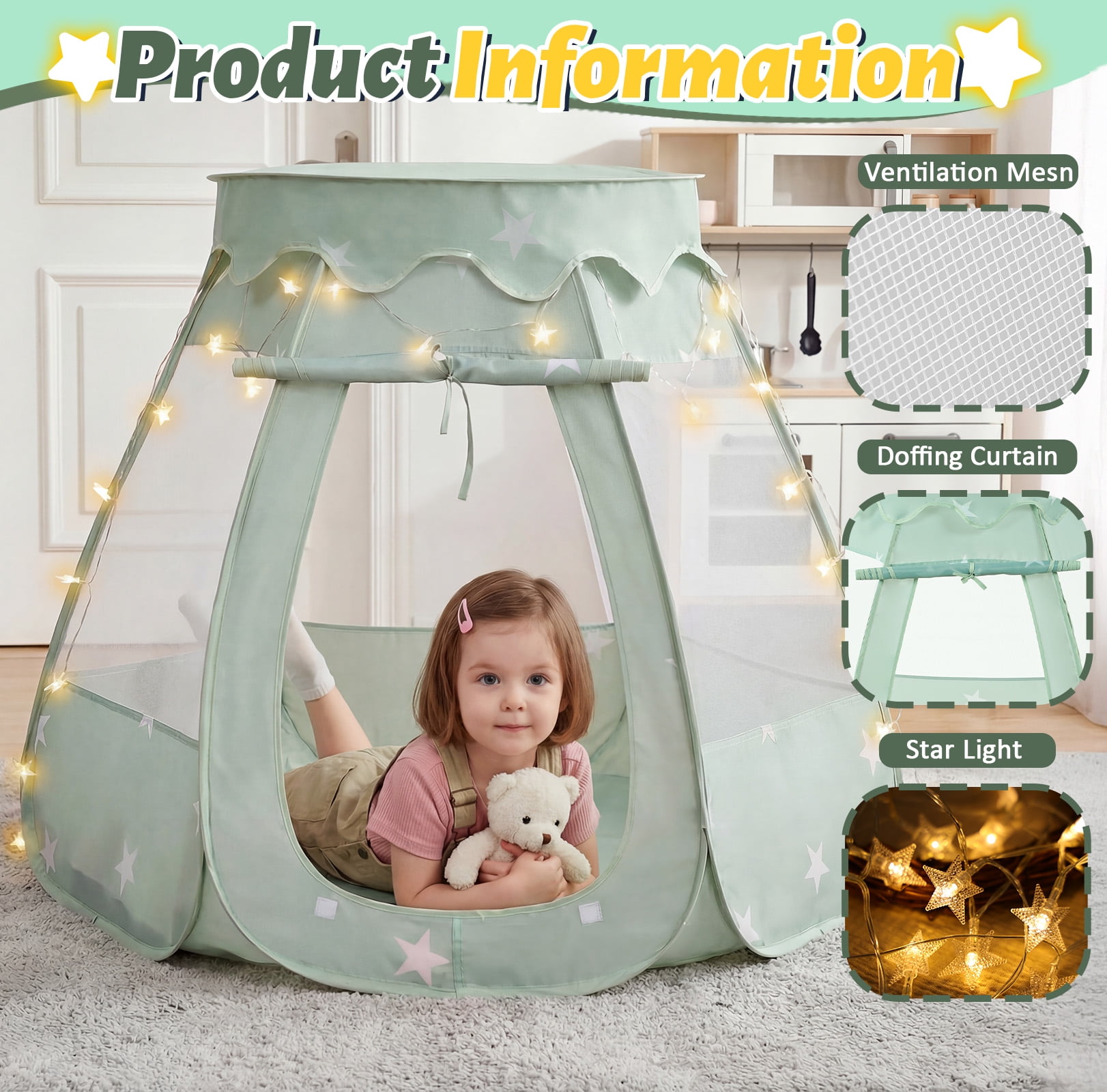 PigPigPen Pop up Princess Ball Pit Tent with Star Lights, Indoor/Outdoor Tent for Toddlers and Kids, Grayish Green, No Balls Included