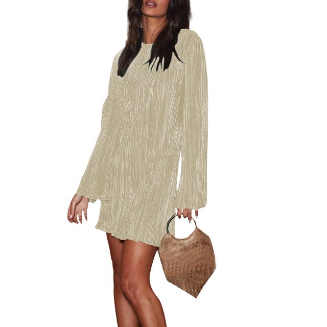 ZAXARRA Nouvelle Robe de Soirée de Style Élégant Manches Longues Col Rond Arrière Coupe A-Ligne Mini Robe de Soirée Robe de Soirée