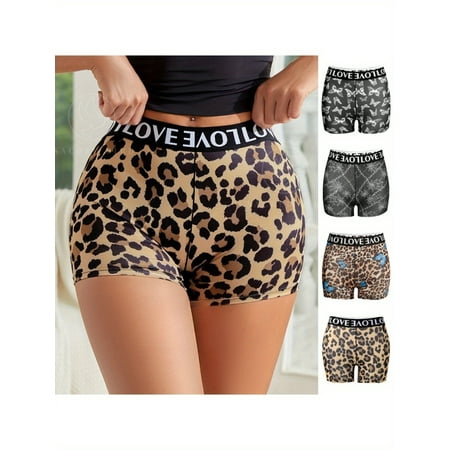 4 Pcs Women s Boxer Briefs Leopard Print Floral Letters Webbing Splicing Thin Section Quick Drying Women s Panties Personalized Clash of Colors Printed High Waisted Anti-Glare Boxer Briefs (M-XXL)