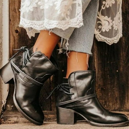 

Women s Winter Fashion Squared Heel Vintage Round Toe Lace Up Ankle Boots