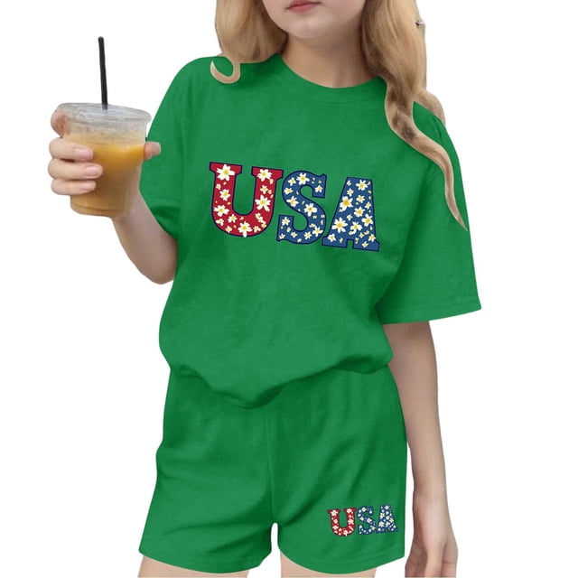 Odeerbi Camiseta de Manga Corta Con Estampado Patriótico Del Día de La Independencia de Las Niñas Con Pantalones Cortos Set de 2 Piezas