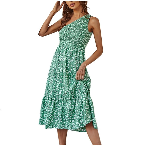 USSUMA Sundresses for Women Casual Summer Smocked Flowy Swing Boho Long Floral Print Maxi Womens Shirt Dresses Beach One Shoulder Sleeveless Plus Size Wedding Guest Sun Dress