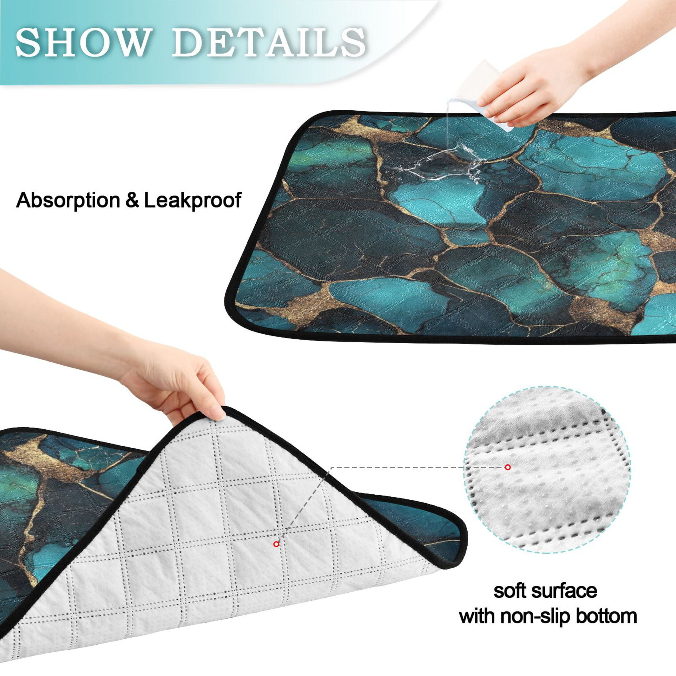 Qxltty Gild Dark Green Marble Cat litter Pads Pet Set of 2 Diaper Mats Center Anti-leakage Layer Absorbent Soft and Comfortable