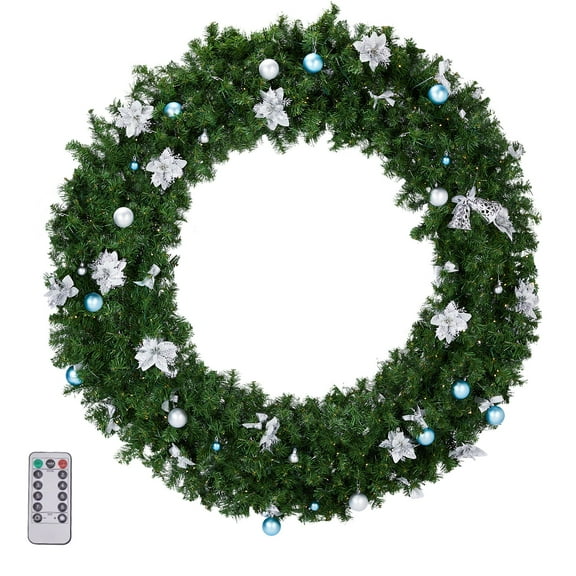 Qiushi 48in Pre-lit Christmas Wreath, Lighted Artificial Xmas Wreath with 150 Warm & Cool White LEDs, 450 PVC Tips, Remote Control & 11 Modes, DIY Ornaments for Front Door Outdoor Holiday Decor
