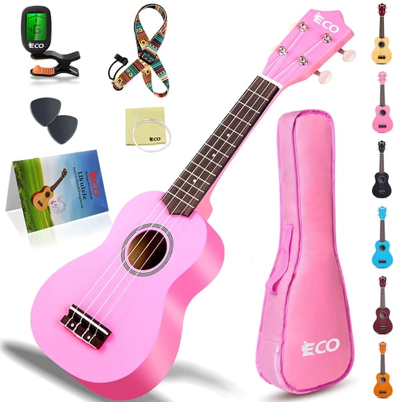 iECO Ukelele soprano para principiantes, kit para niños y adultos, ukelele de 21 pulgadas con estuche, correa, afinador, púas de cuerdas (rosa)