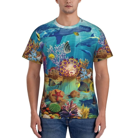 Vsdgher Sea World Print Men's Dry Fit Mesh Athletic Shirts Moisture Wicking Tennis T-Shirt Tops