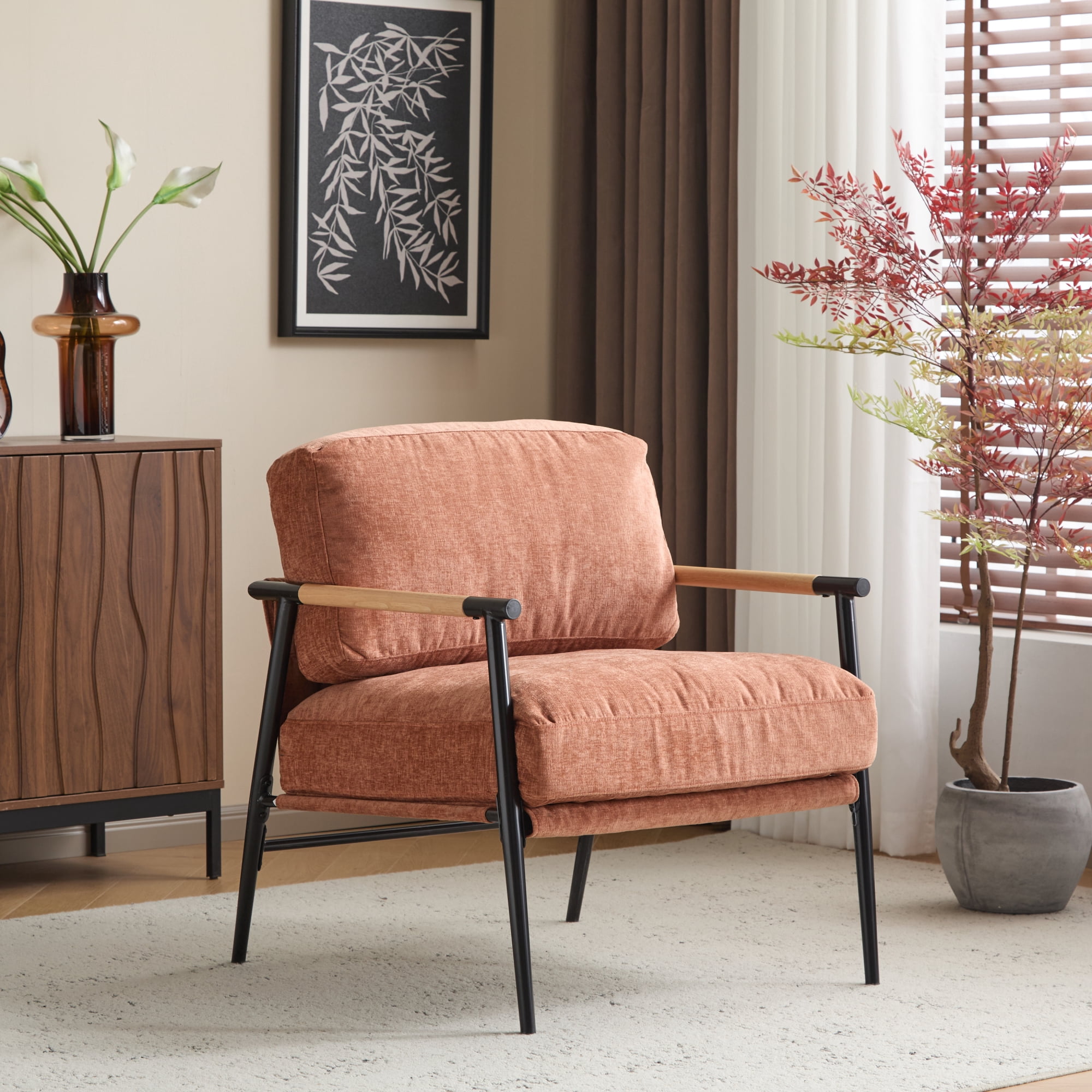 Leumius Modern Accent Chair with Plush Cushions, Minimalist Metal Frame and Wooden Armrest Design for Living Room Bedroom Office Orange