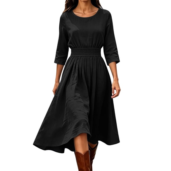 CHGBMOK Women's 3/4 Sleeve Dress Smocked Waist Flowy A Line Midi Dresses Casual Round Neck Dress