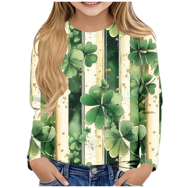 Blusas y camisas de manga larga con cuello redondo y estampado de San Patricio para niños, blusa informal de manga larga con cuello redondo, blusa de poliéster para niñas