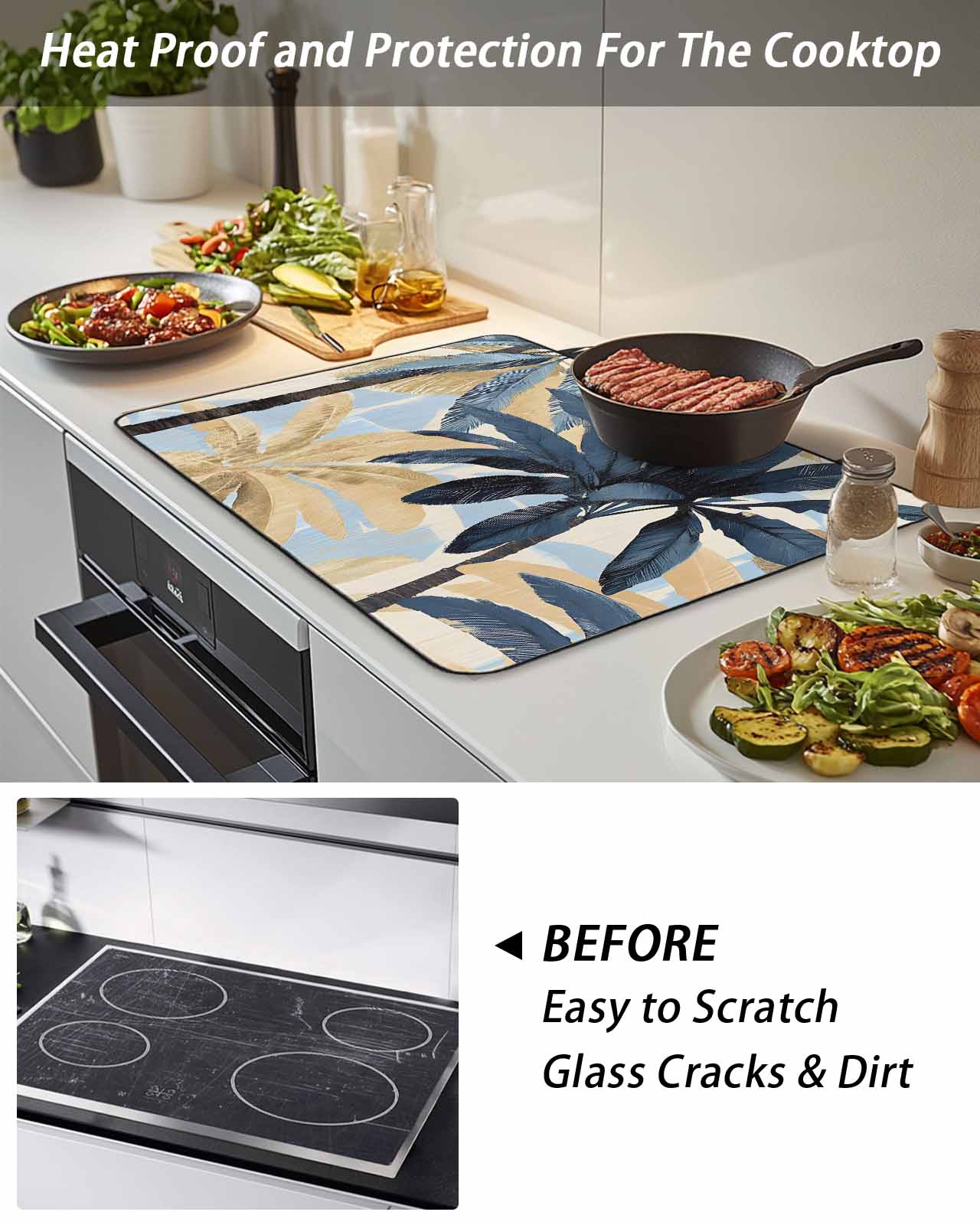 Palm Trees Stove Top Covers for Electric Stove, 28'x20'' Vintage Watercolor Tree Glass Ceramic Stove Cover Foldable Rubber Mat Heat Resistant Cooktop Protector for Kitchen