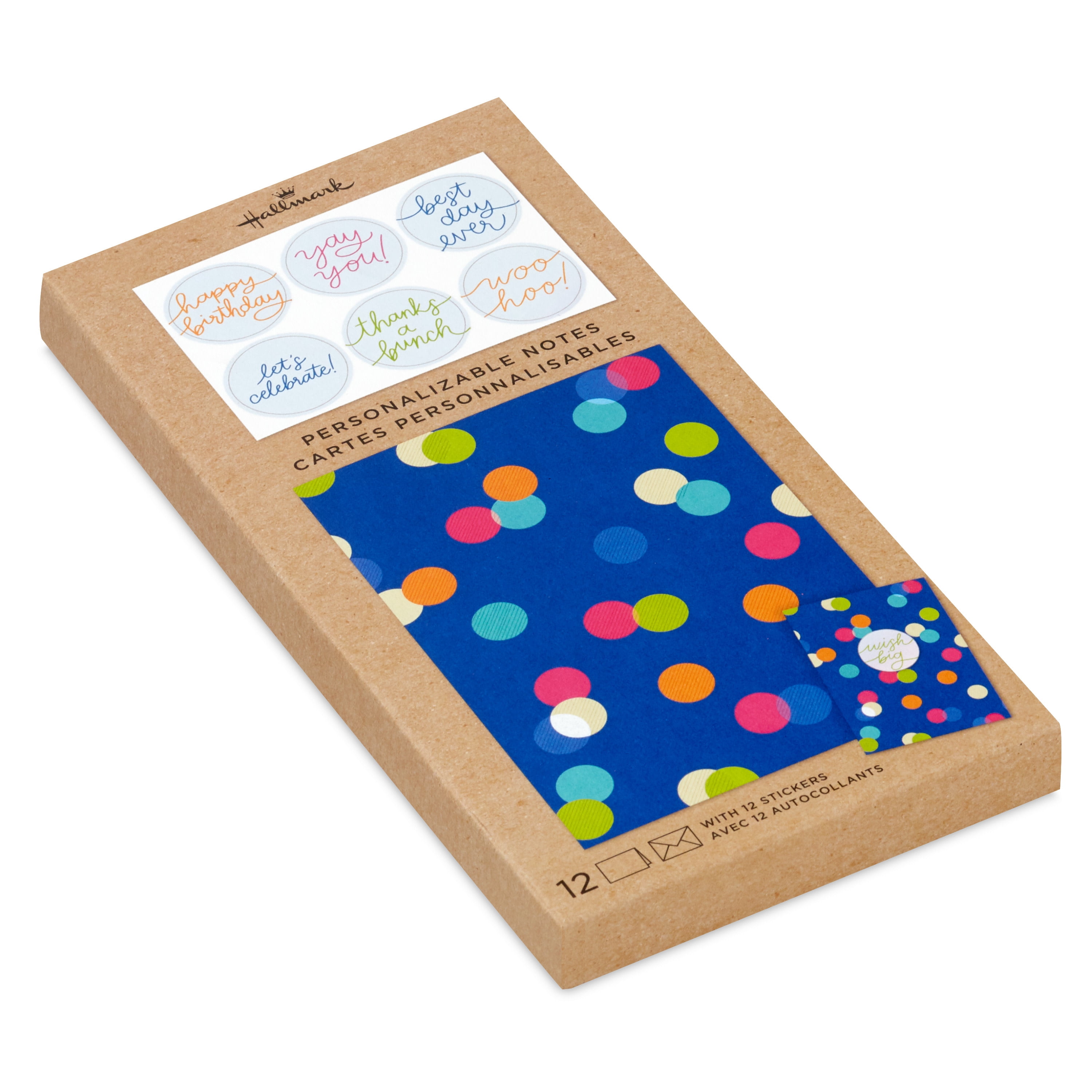 Hallmark Blank Notes With Message Stickers (Colorful Dots Blue), 12 Count