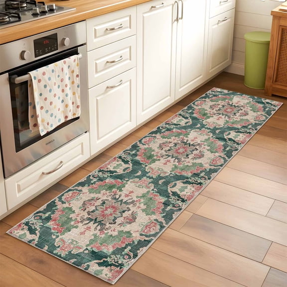 Runner Rug 2 x 6 Ft, Pink Green Boho Washable Non-Slip Floor Mat for Kitchen Hallway/Entryway, Abstract Medieval Vintage Ethnic Floral Long Kitchen Runner Area Rugs for Living Room, Low-Profile