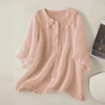 thumbnail image 2 of Women's Solid Color Ethnic Style Button Up Medium Sleeved Linen Shirt Top, 2 of 6