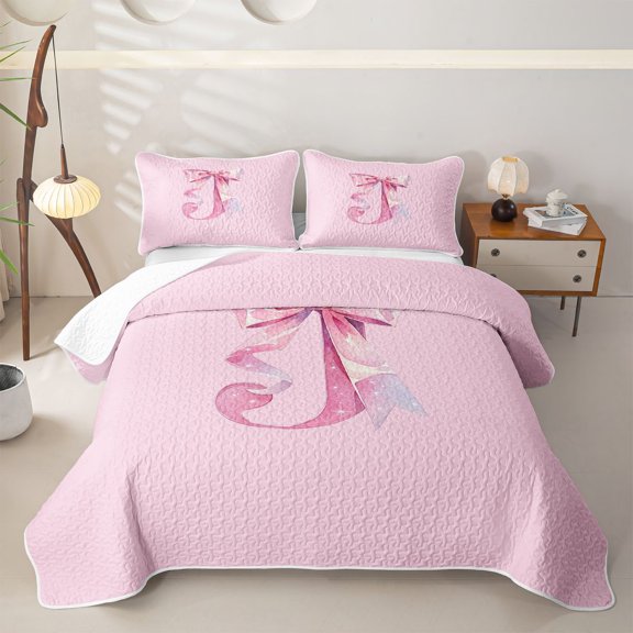 Manfei Pink Watercolor Bow Letter J Twin Quilt Set for Girls, Cute Initial Bows Twin Coverlet Set
