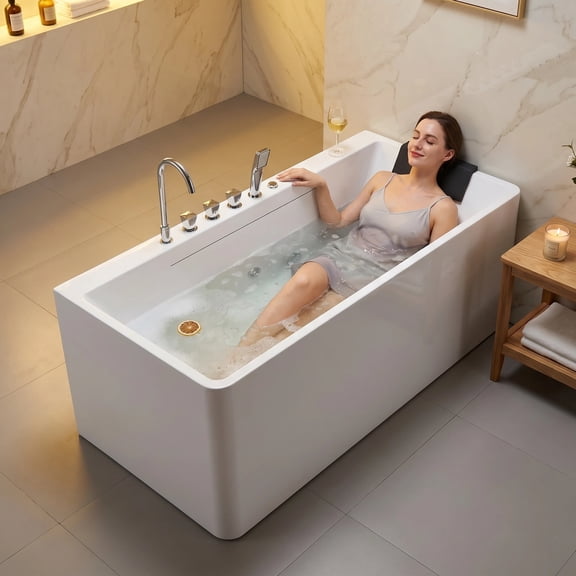 67" Freestanding Whirlpool Bathtub, Luxury Hydrotherapy Jetted Tub with 5 Massage Nozzles, LED Chromotherapy, Waterfall Faucet, Durable Reinforced Acrylic SPA Tub for Home Relaxation (White)