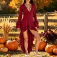 thumbnail image 3 of KICILVS Halloween Costumes for Women Adult Witch Dress Solid Color Long Bell Sleeve Ruffled High Low Hem Party Gown Purple, 3 of 9