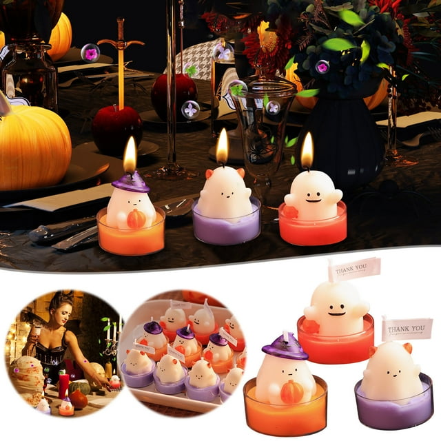 Fiudx Vela Fantasma de Halloween, Diseño Adorable con Sombrero de Bruja y Calabaza, Bases de Colores Naranja y Morado, Perfecta para Decoración Del Hogar, Centros de Mesa de Fiesta, Ambiente Acogedor
