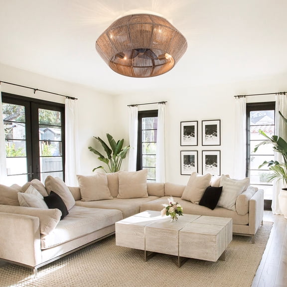 Boho Ceiling Fan, Rattan Caged Flush Mount Ceiling Fan Light and Remote Control,  Low Profile Ceiling Fan for Bedroom, Living Room(Light Source Not Included)