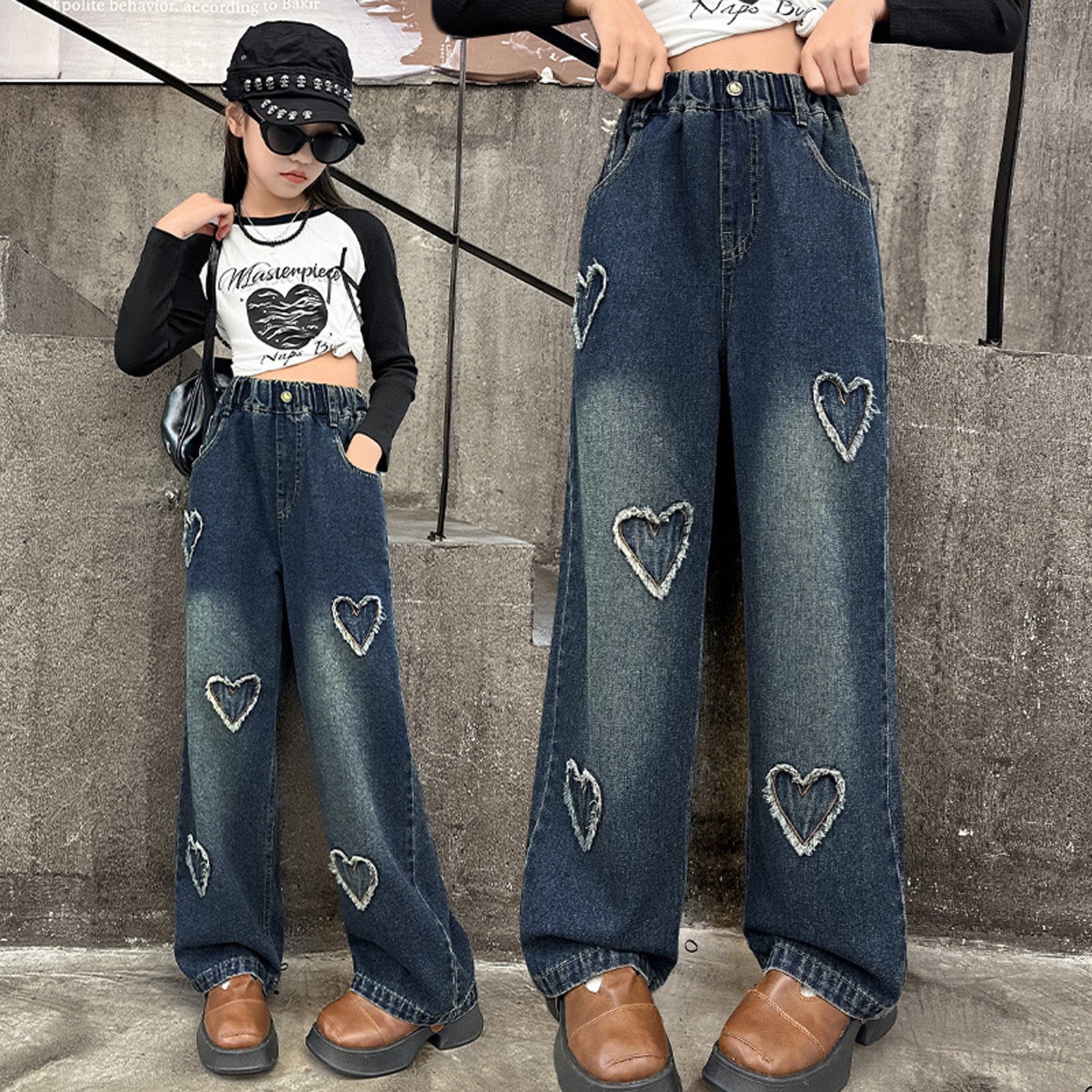 Pantalon Jean Fille Brodé Nœud - Coupe Ample, Taille élastique, Confortable Pour Le Quotidien Et Les Loisirs