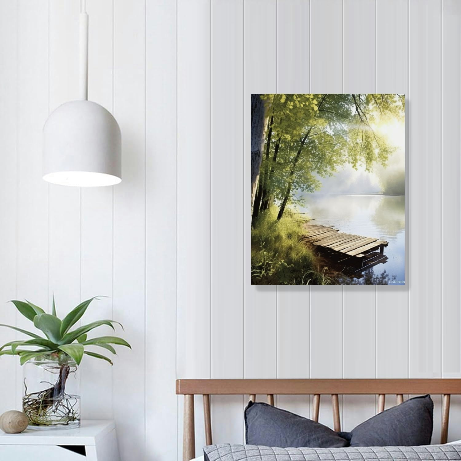 Creowell  Lake Landscape Wall Art Canvas: Modern Nature Sunrise Scene Picture Print Vertical Pier View Painting Artwork for Living Room Bedroom Decor 16x20 in/12x16 in